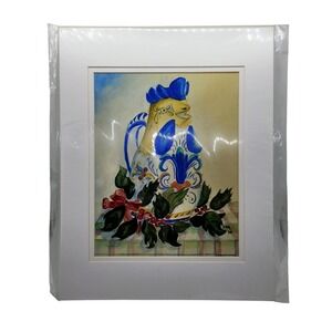 Ruth E Maupin Watercolor Print Rooster Pitcher Holly Still Life Signed REM 10